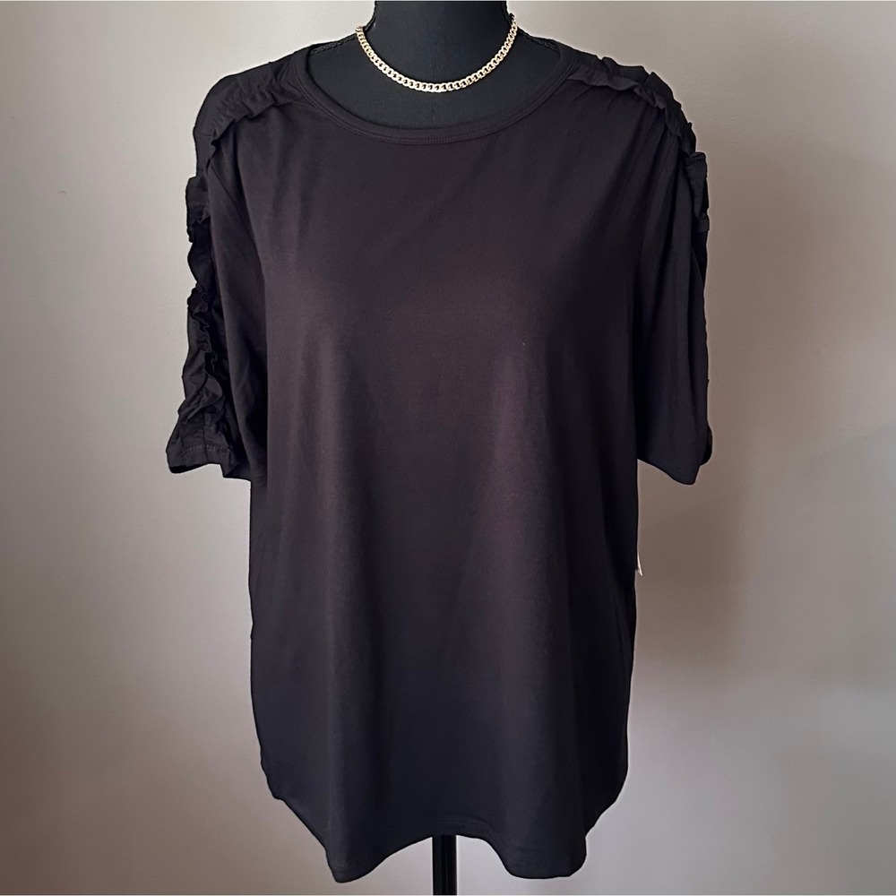 Chico's Women Ruffle Sleeve Knit Top 2 US Large Black Crew Neck Classic Goth NWT